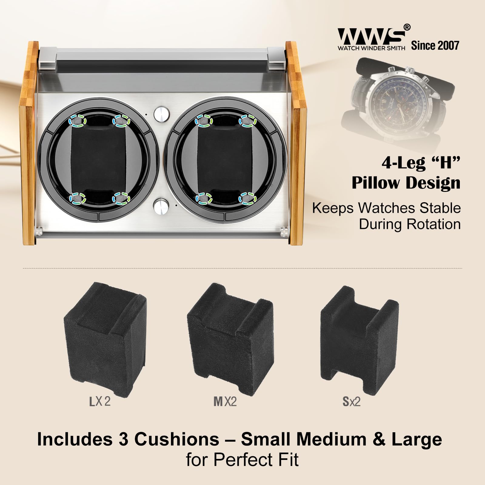 Watch Winder Smith Quiet Bamboo Watch Winder 2 for Automatic Watches, Vertical Rest Timer Function for Easy Glance