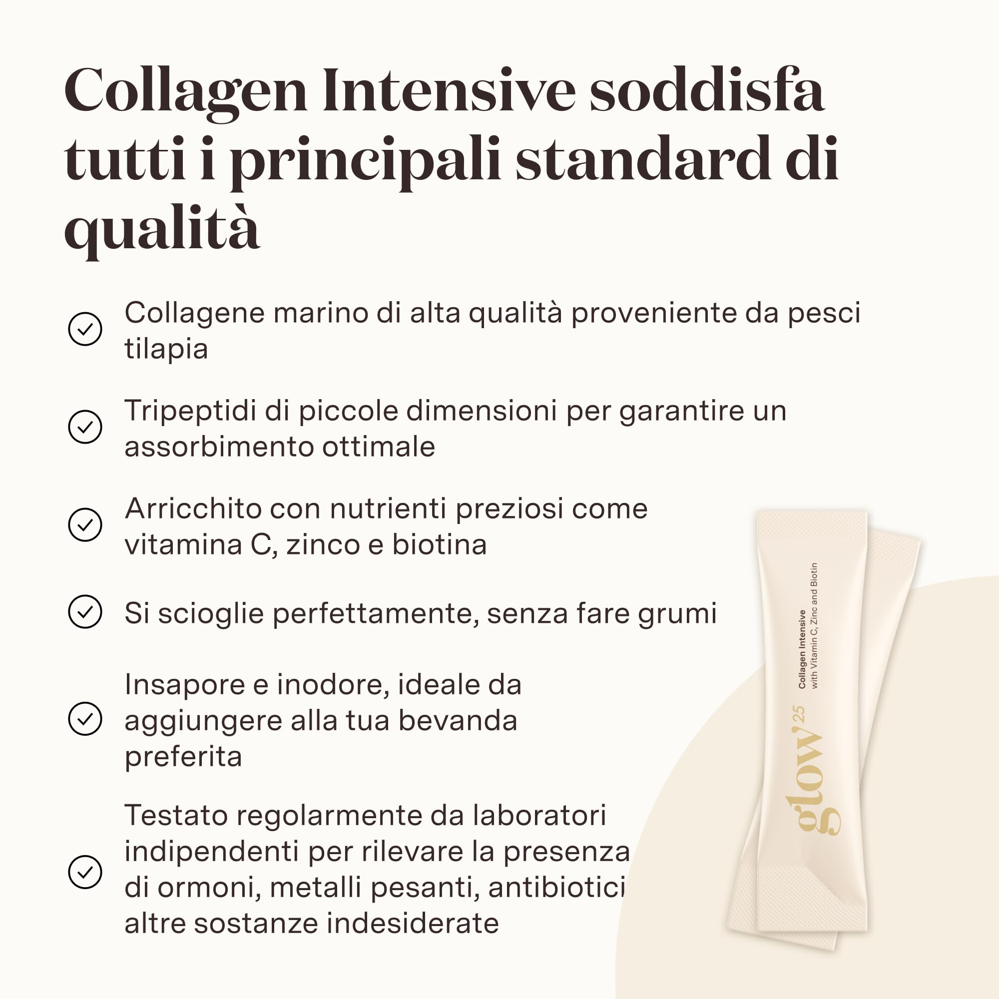 Glow25® Collagen Intensive – Tripeptidi, vitamina C, zinco, biotina | Collagene marino idrolizzato premium con tripeptidi, vitamina C, zinco, biotina – Peptidi di tipo I e III