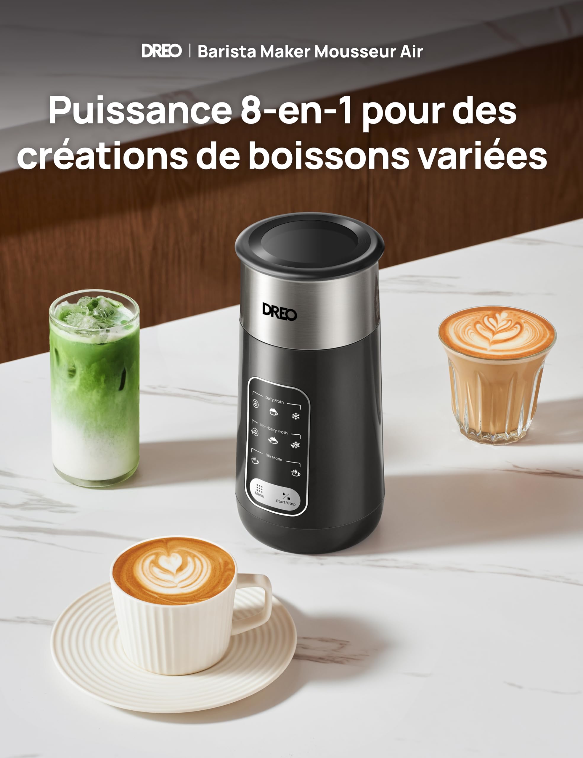 DREO Mousseur à Lait Électrique, 8-in-1 Mousseur Automatique pour Latte, Cappuccino, Chocolat Chaud, 270ml Milk Frother en Acier Inoxydable pour Mousse Chaude et Froide, LED, Facile à Nettoyer