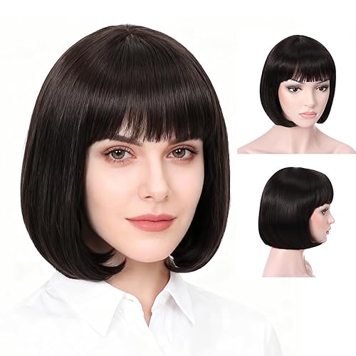 Miniatura 13 de Onedor Peluca Bob de Cabello Corto y Liso de 10 Pulgadas para Disfraz Cosplay Flapper (1001# - Blanco)