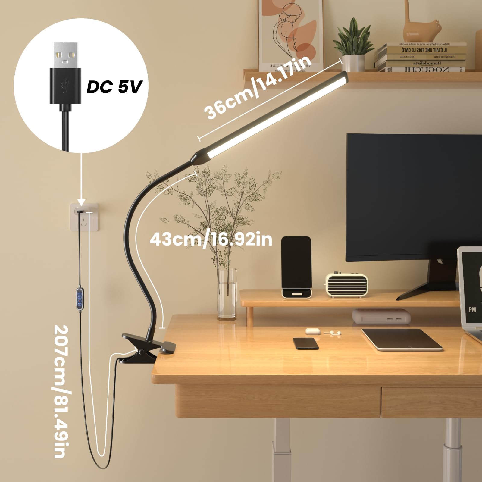 Lampka LED na Zacisk do Malowania dla Artystów, 3 Tryby Światła, 10 Poziomów Jasności, 300lm Światło do Czytania Rysowania z Elastycznym Ramieniem, Zasilanie USB