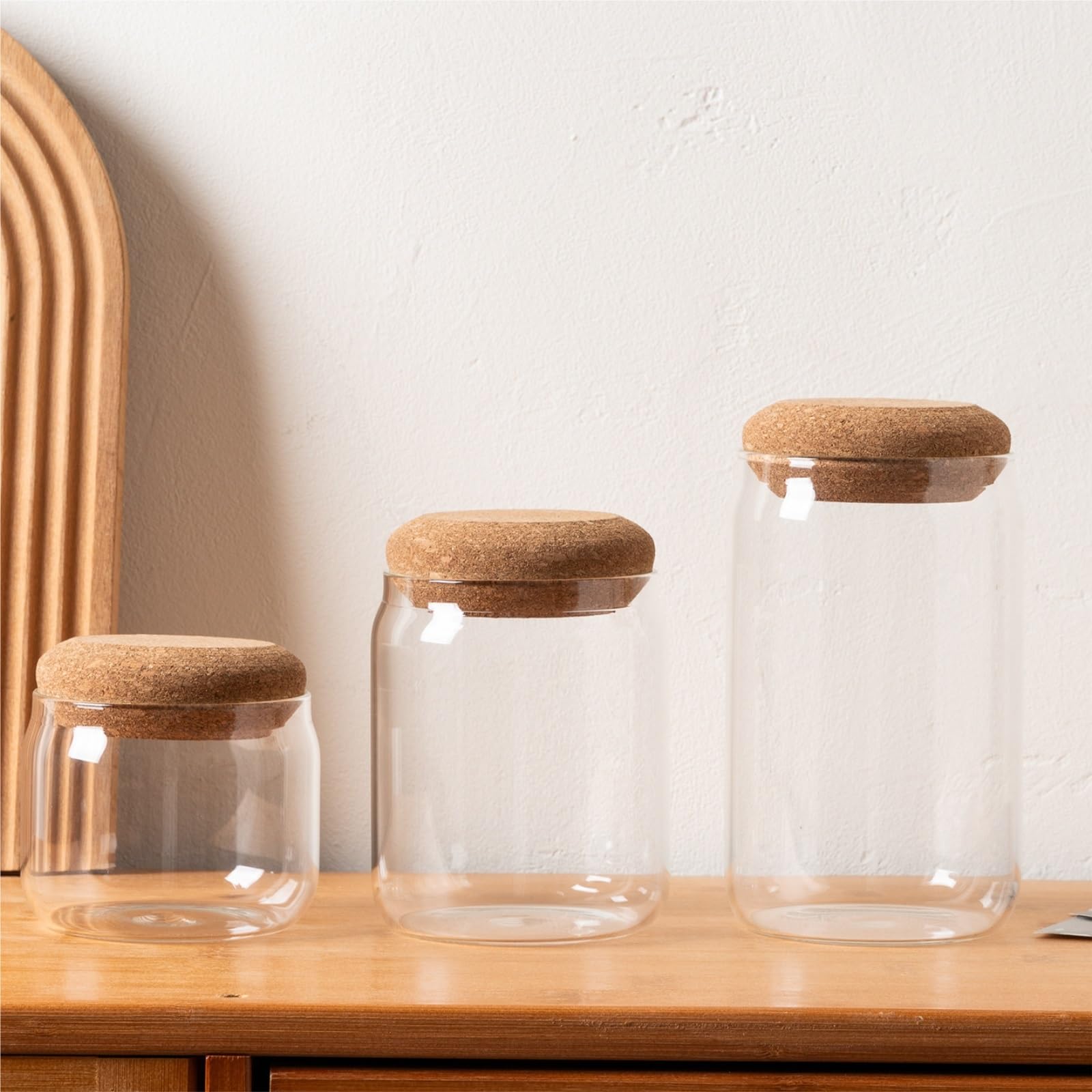 Cocina Almacenaje Juego De 3 Tarros Cristal Transparente con Tapa Corcho Madera Recipientes Herméticos