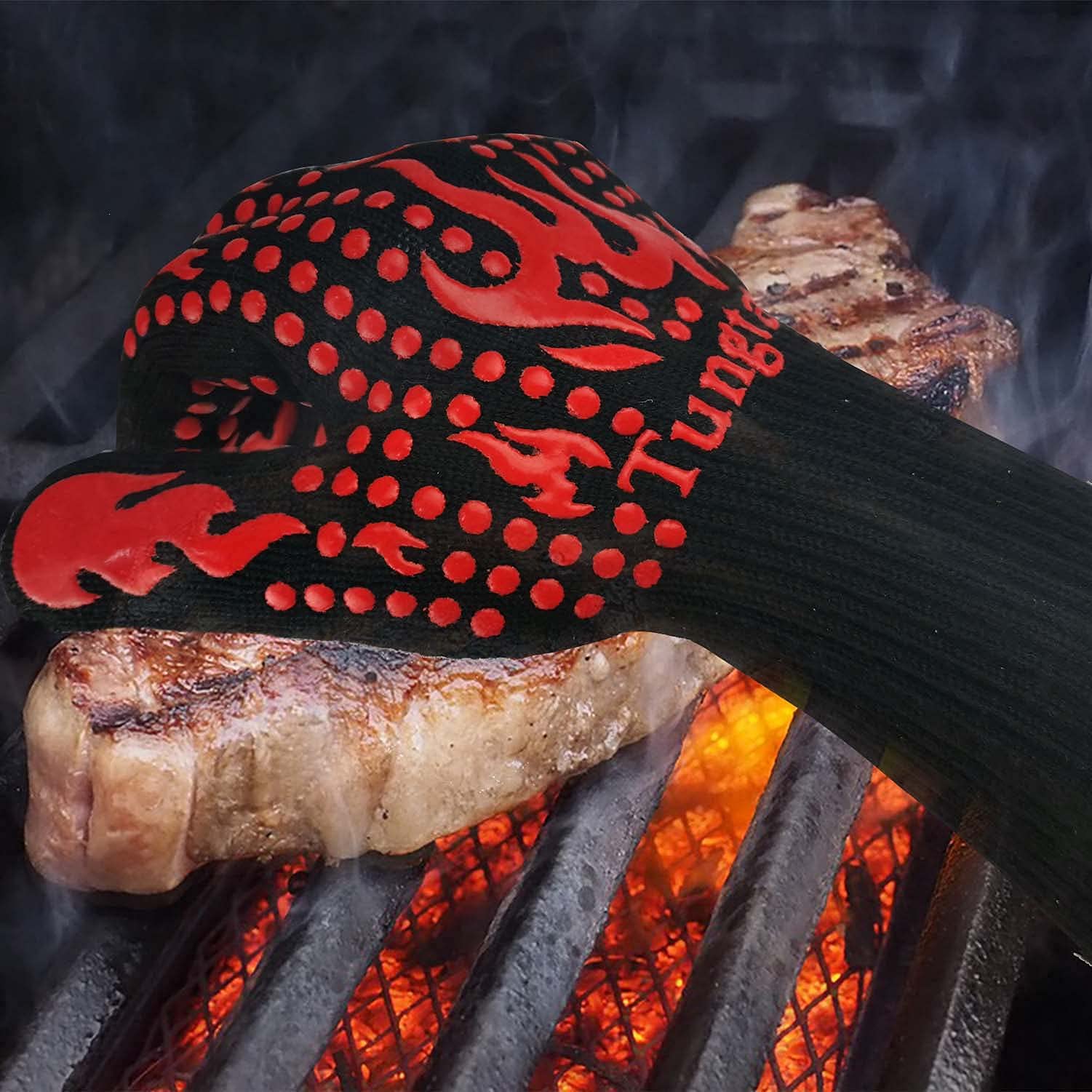 Guanti resistenti al calore per barbecue, 800 °C, 35,5 cm, estremamente resistenti al calore, antiscivolo, in silicone, tessuto aramidico, rosso