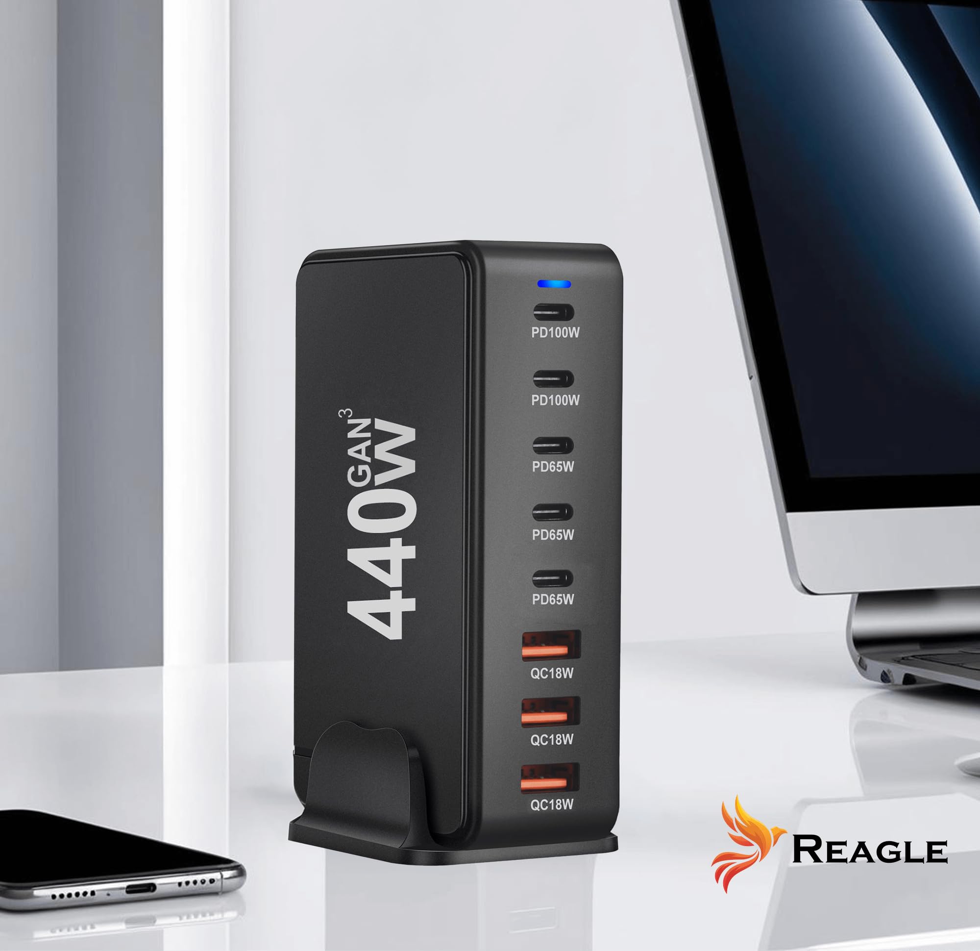 Cargador rápido 8 en 1 GaN III 440 W PD 5X USB C 3X QC 3.0 para iPhone