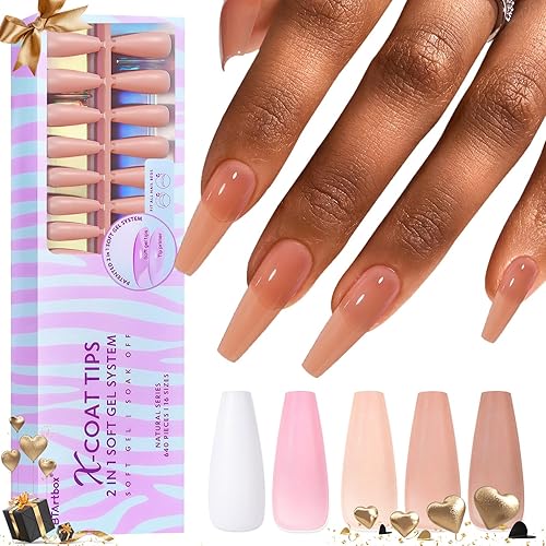 BTArtbox - Puntas de uñas de gel suave, uñas largas a presión en 5 colores naturales, 640 piezas, puntas de uñas de gel suave precoloreadas, uñas