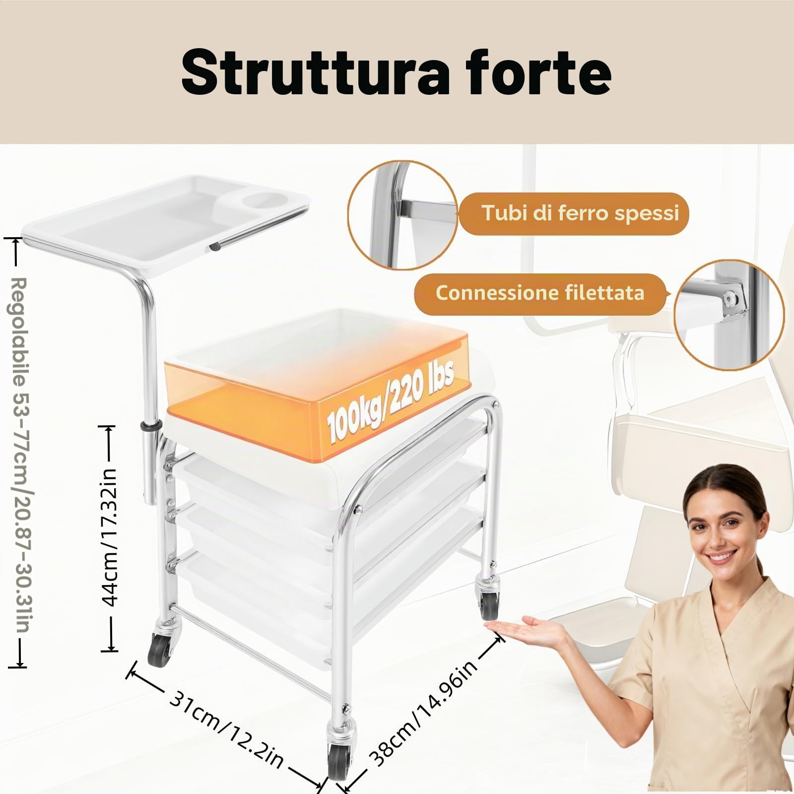 Carrello per manicure con ruote, carrello da salone 53 – 77 cm, altezza regolabile con ripiani a 3 livelli, carrello per manicure per la cura della bellezza con capacità di carico di 100 kg, 31