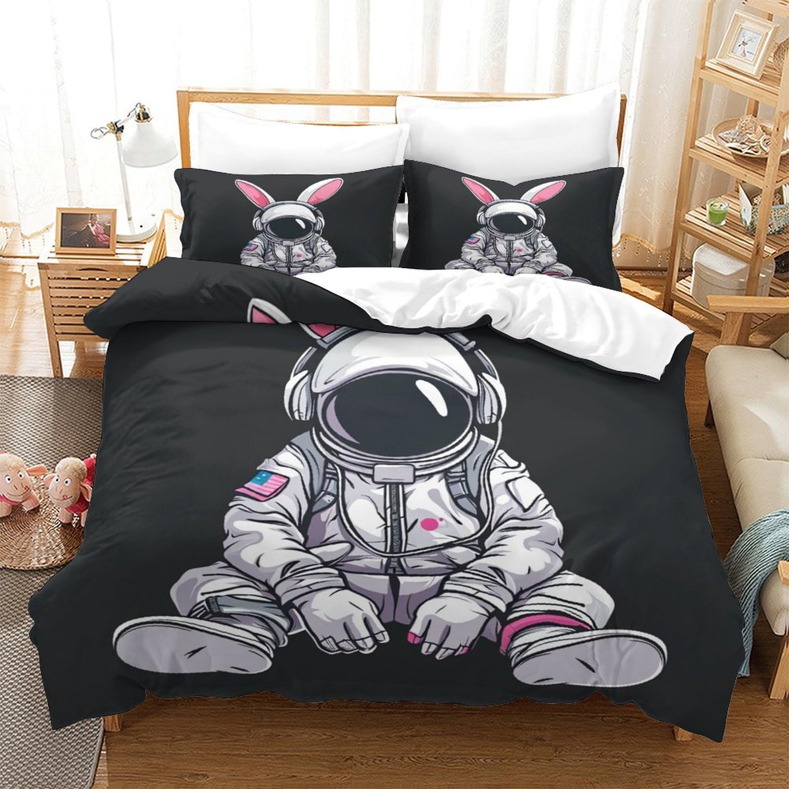 Housse de couette lapin imprimé 3D en microfibre respirante et super douce 140x200
