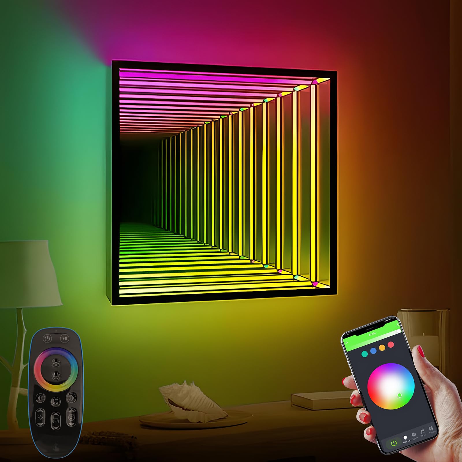 XQDUPDA 3D LED Infinity Mirror Light, RGB Wall Light with App & Remote Control, Color Changing Infinity Tunnel Effect, Memory Function, Wall Mounted