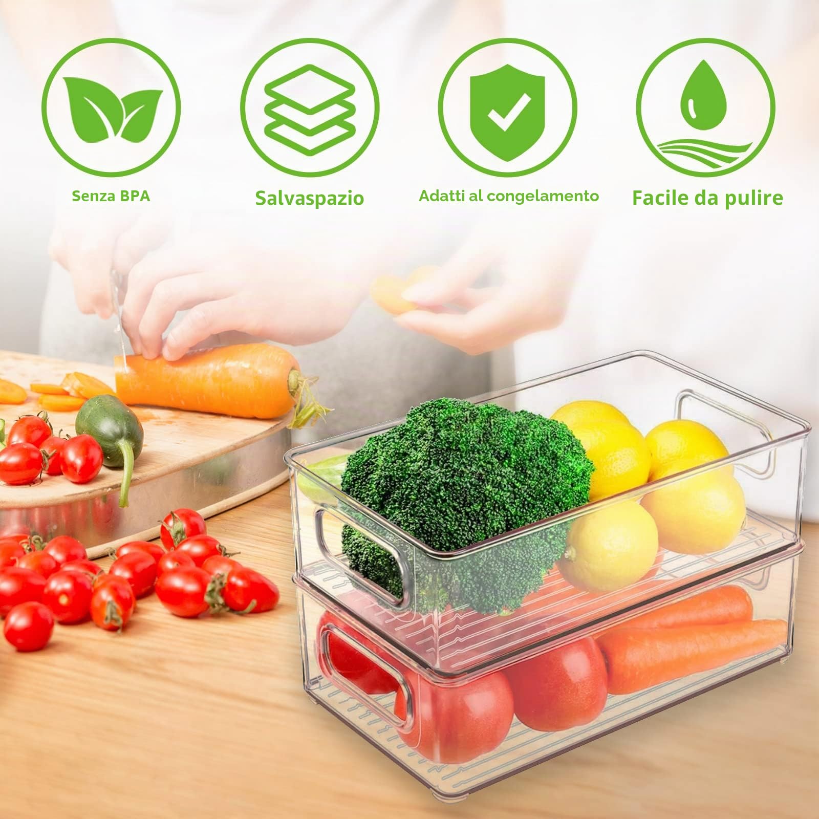 Organizer Frigorifero, Contenitori Frigo Trasparente, Contenitori Frigorifero Salvaspazio Organizer Cucina Dispensa per Frigo Cucina Dispensa Armadietti, Senza BPA (6 Pezzi)