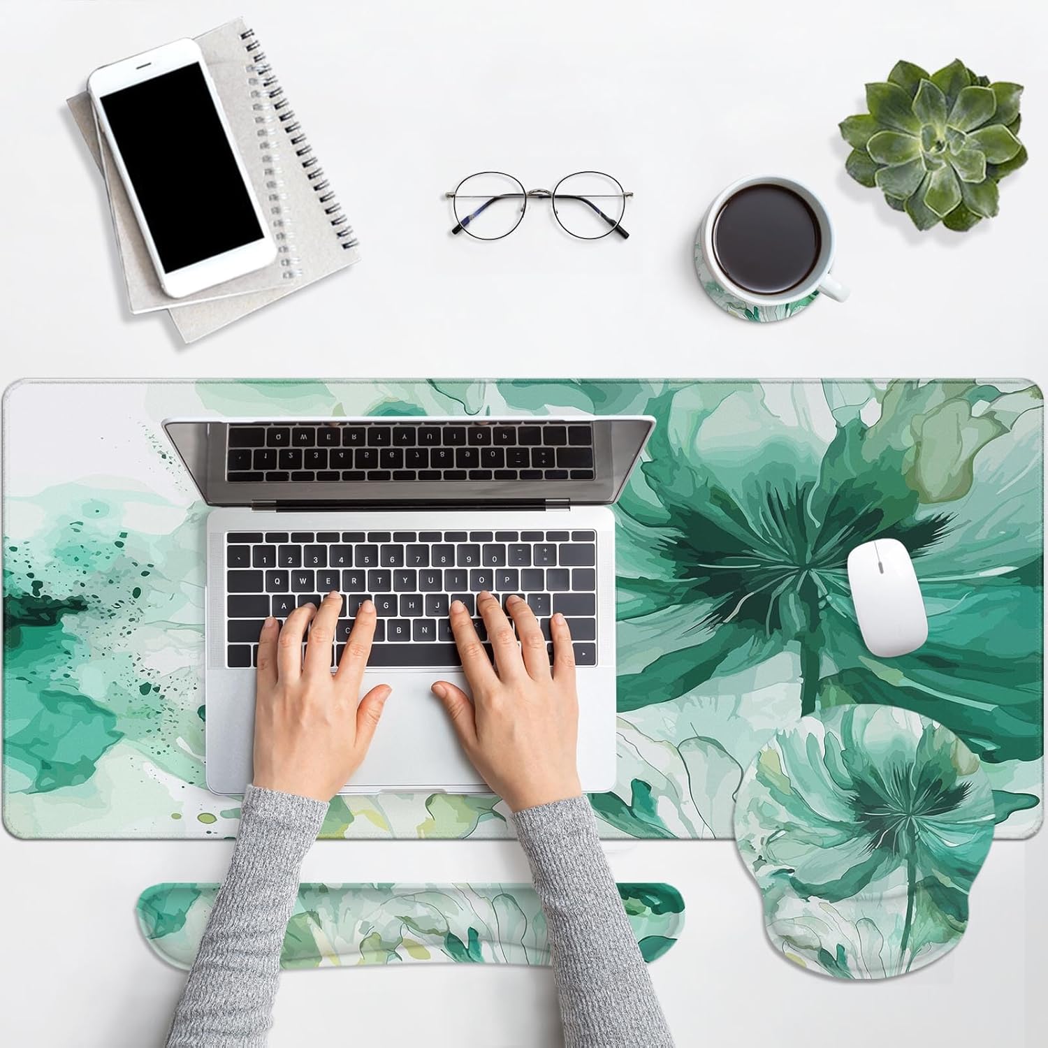 Britimes Colorful Floral Keyboard Mouse Pad Set Flower Green Summer 4in1 Large Mousepad+Keyboard Wrist Rest+Mouse Wrist Rest+Coaster Ergonomic Design for Home Office Computer 35.4x15.7 inches
