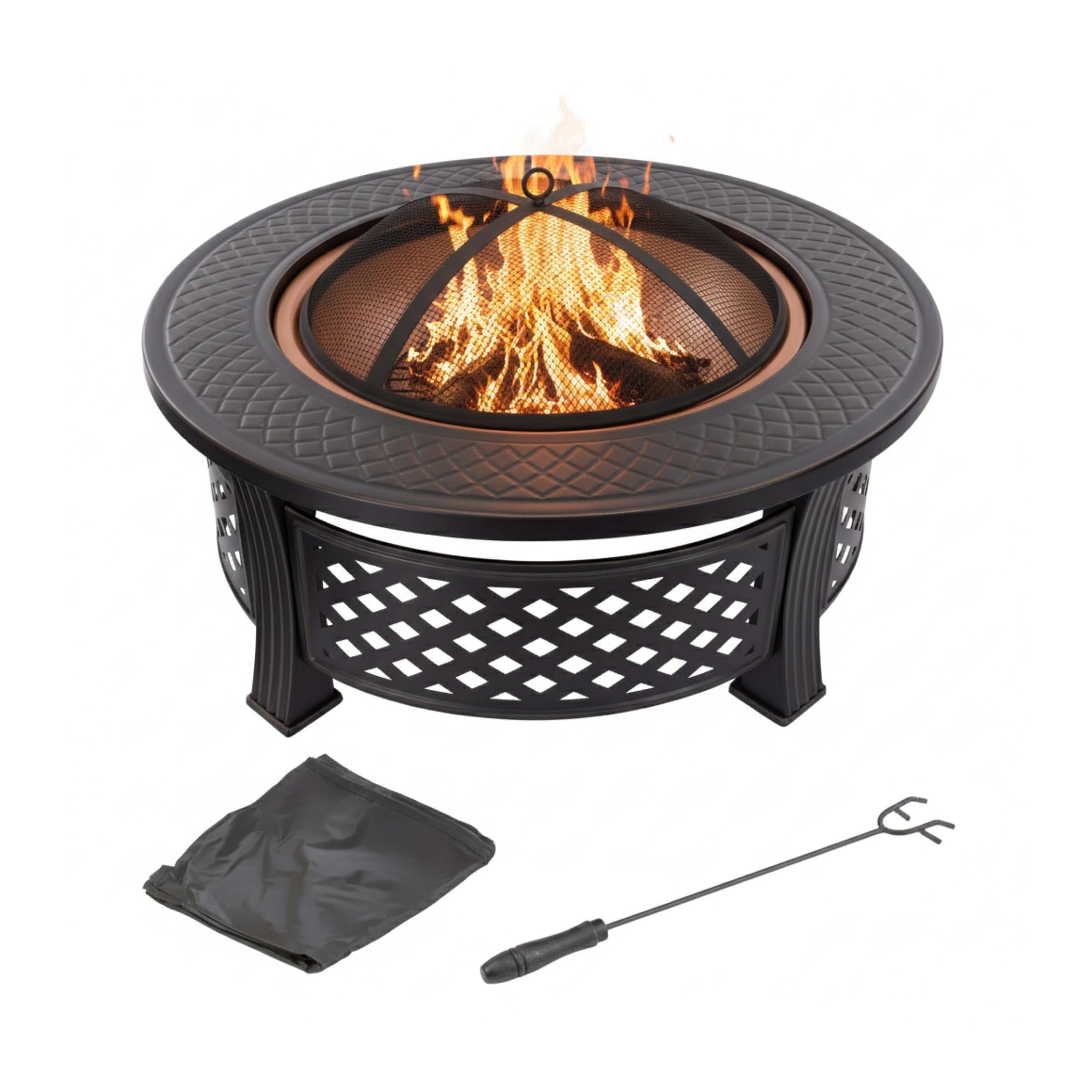 Fire Pit - 32-Inch Outdoor Fireplace with Spark Screen, Poker, and Cover - Wood-Burning Fire Pit for Yard, Patio, or Camping by Pure Garden (Bronze)