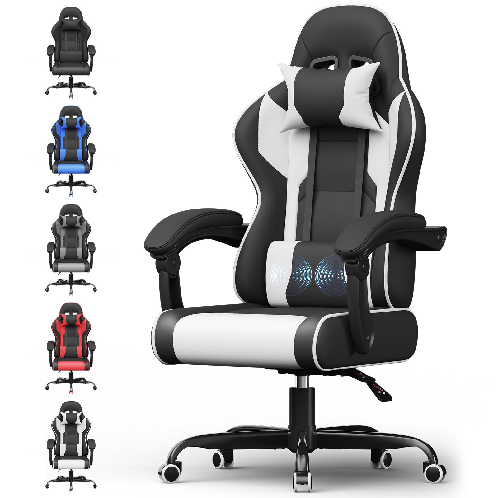 Airfish Silla de Oficina Ergonomica, Silla Gaming con Masajeador, Sillas Oficina con reposacabezas, Cadeiras Gaming con Ruedas, Gamer Chair Reclinable 90-150°, Capacidad 150 kg, Blanco