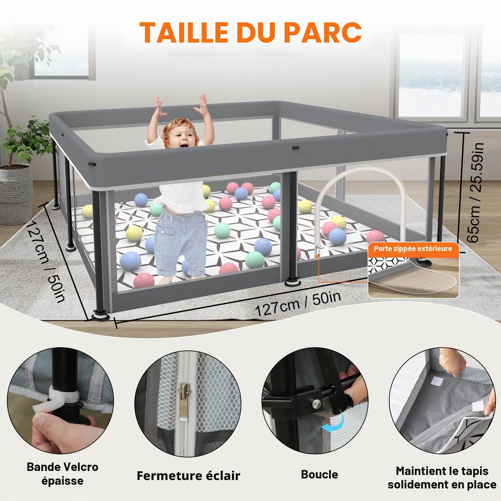 Parc pliable pour bébé avec tapis – Portable, spacieux et robuste pour bébés et tout-petits, installation rapide en 1 minute, facile à transporter, parc de jeu pliable pour une utilisation en