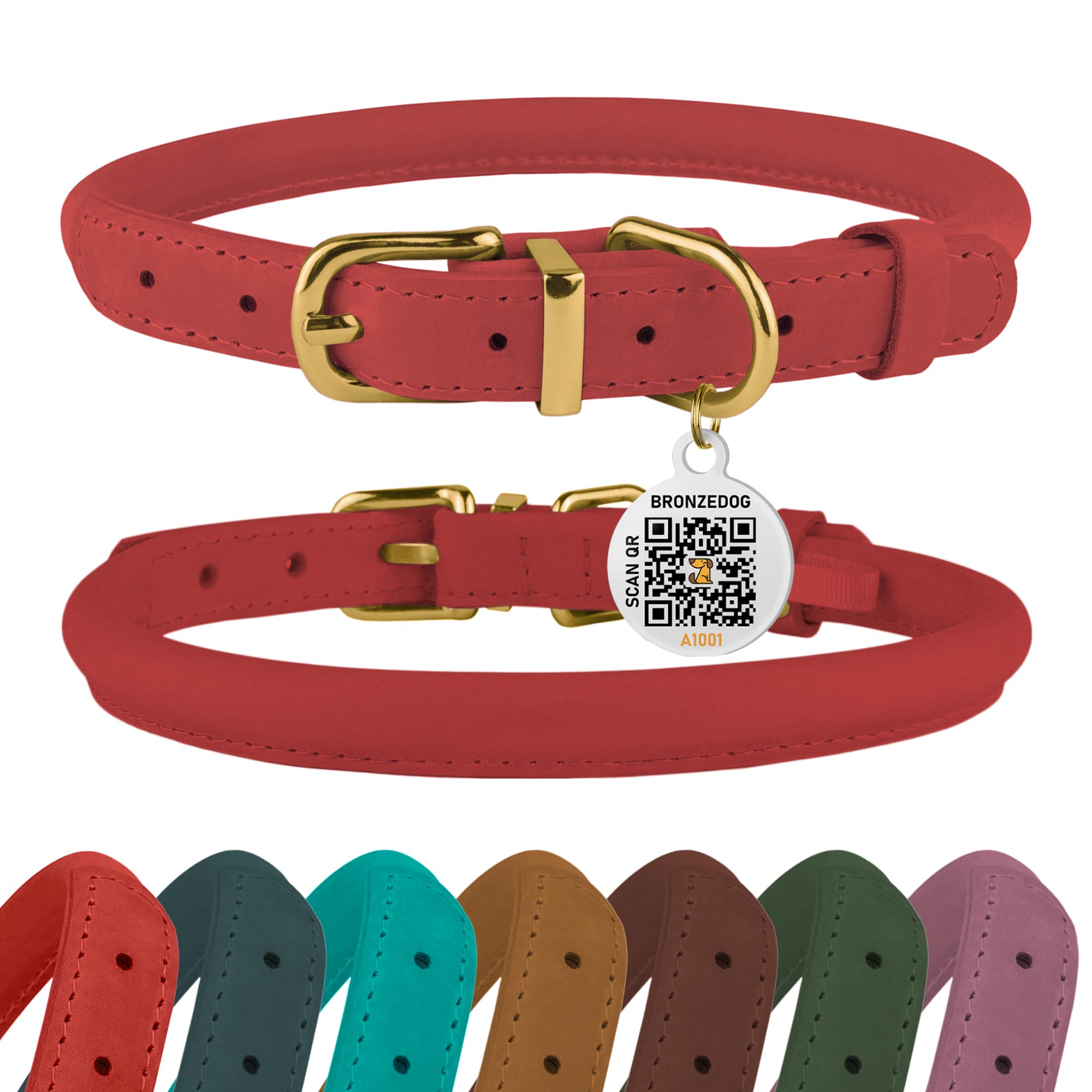 BronzeDog Rolled Leather Dog Collar with QR ID Tag, Adjustable Soft Round Collars for Small Medium Large Dogs Puppy (14" - 16" Neck Size, Coral Pink)