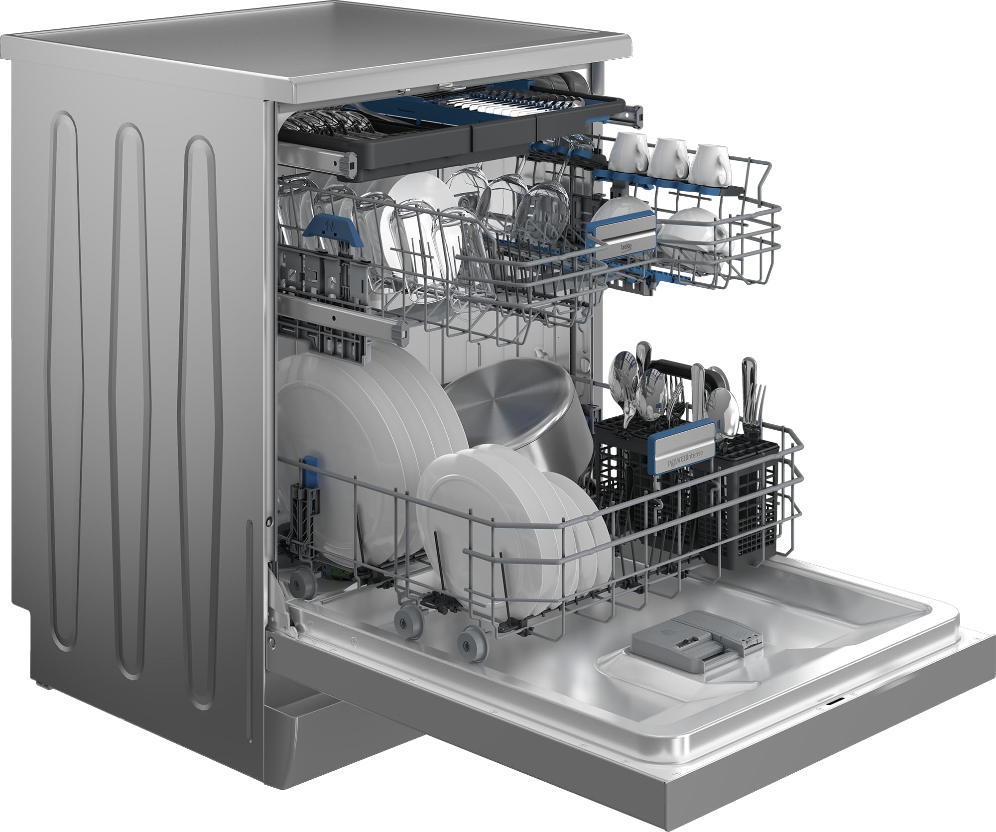 Beko BDFN36550XP Geschirrspüler 60 cm, freistehend und unterbaufähig, für 15 Maßgedecke, 6 Programme, 6 Zusatzfunktionen, 3 Spülebenen, PowerIntense, SilentWash, SelfDry, edelstahl