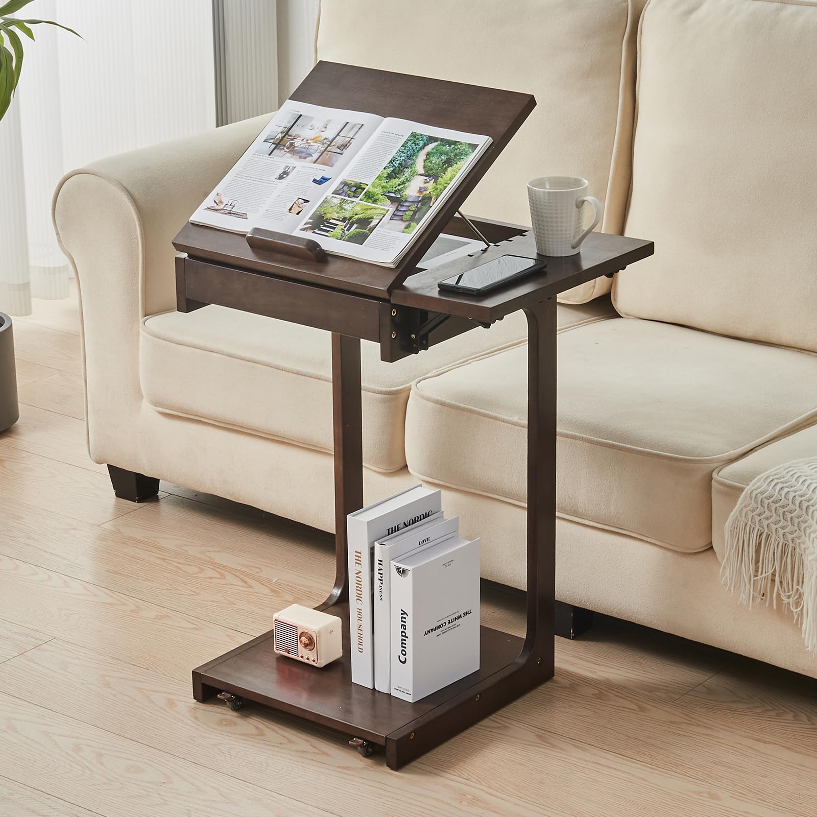 Uniclinens C Shaped End Table for Couch, Rolling Side Table with Wheels Adjustable, Solid Wood TV Sofa Arm Eating Tray Table for Multi-Purpose, Small Coffee Table Living Room Bedroom, Walnut