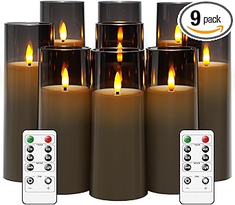 Flickering Flameless Candles Battery Operated with Remote and 2/4/6/8 H Timer Plexiglass Led Pillar Candles Pack of 9 (D2.3 xH 6" 7" 8") with Realistic Moving Wick Candles for Home Decor(Grey)