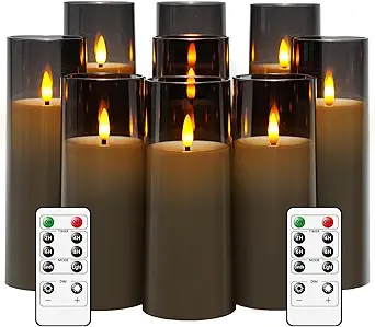 Flickering Flameless Candles Battery Operated with Remote and 2/4/6/8 H Timer Plexiglass Led Pillar Candles Pack of 9 (D2.3 xH 6" 7" 8") with Realistic Moving Wick Candles for Home Decor(Grey)