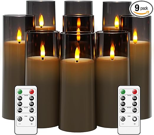Flickering Flameless Candles Battery Operated with Remote and 2/4/6/8 H Timer Plexiglass Led Pillar Candles Pack of 9 (D2.3 xH 6" 7" 8") with Realistic Moving Wick Candles for Home Decor(Grey)