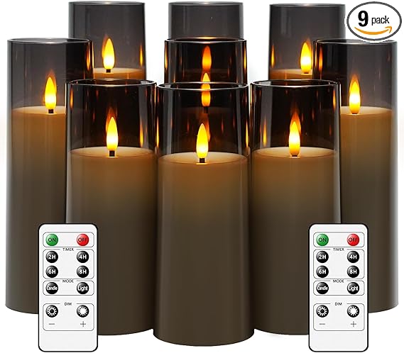 Flickering Flameless Candles Battery Operated with Remote and 2/4/6/8 H Timer Plexiglass Led Pillar Candles Pack of 9 (D2.3 xH 6" 7" 8") with Realistic Moving Wick Candles for Home Decor(Grey)