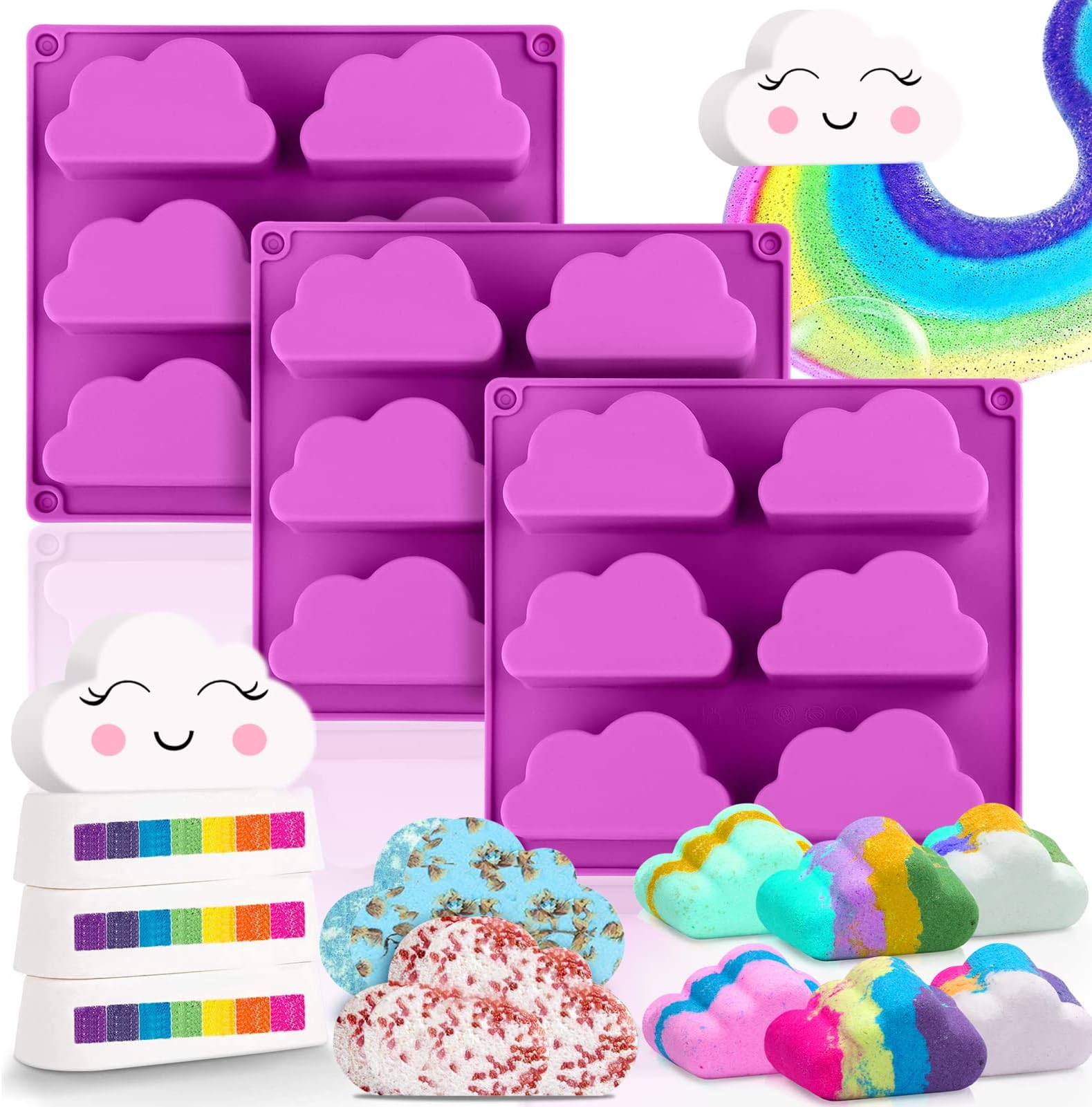 3 Pack Silicone Soap Molds, 6 Cavities Handmade Soap Making Molds, Cloud Bath Bomb Molds for Magic Rainbow BathBombs, Shower Steamer, Beeswax, Lotion Bars