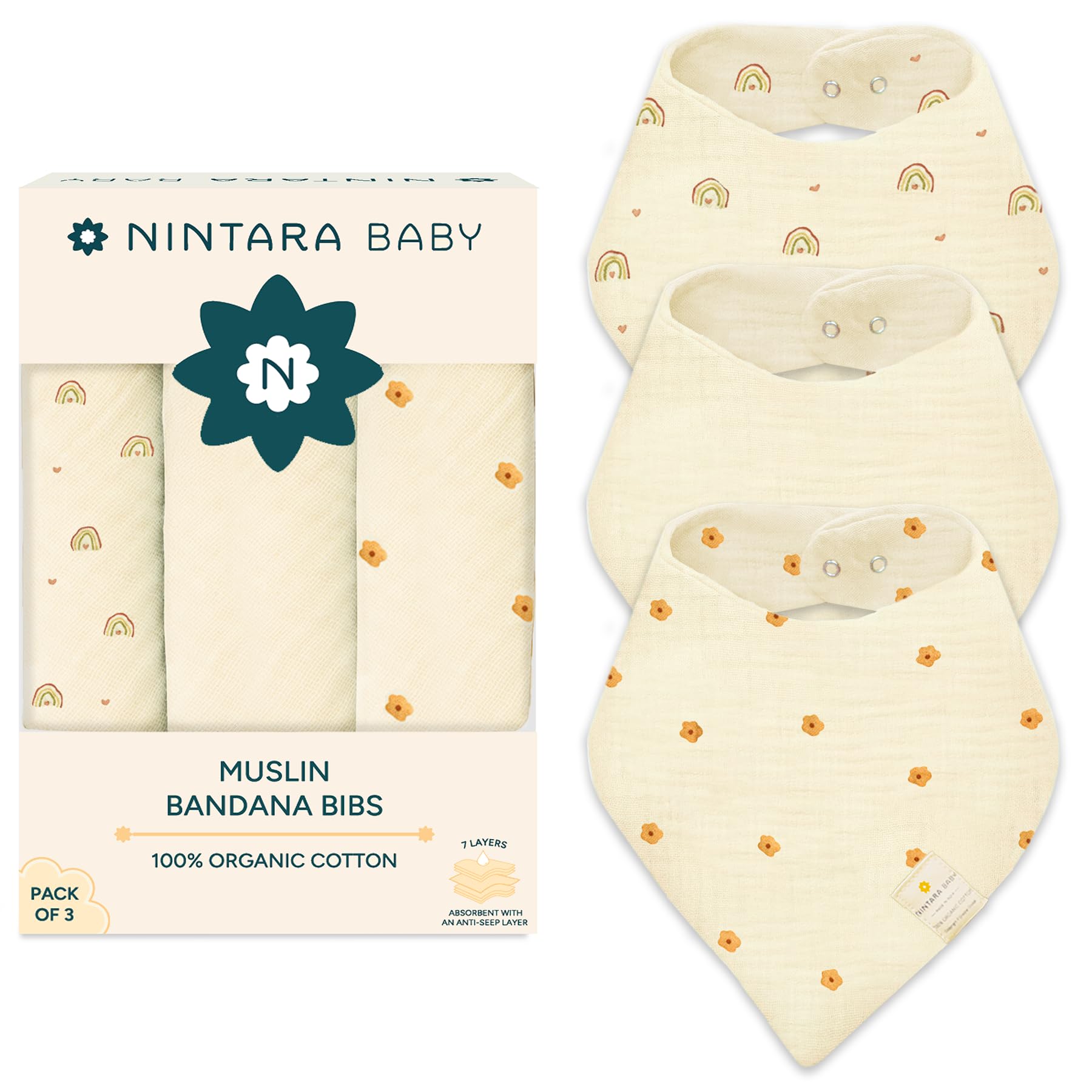 Bandana Bibs - 100% Organic Premium Muslin Cotton, Absorbent, Soft, Adjustable Snap Buttons, Reversible, 7-Layers for Drooling, Teething, Feeding, Gifts for Babies Ages 0-3, Pack of 3-picture-17