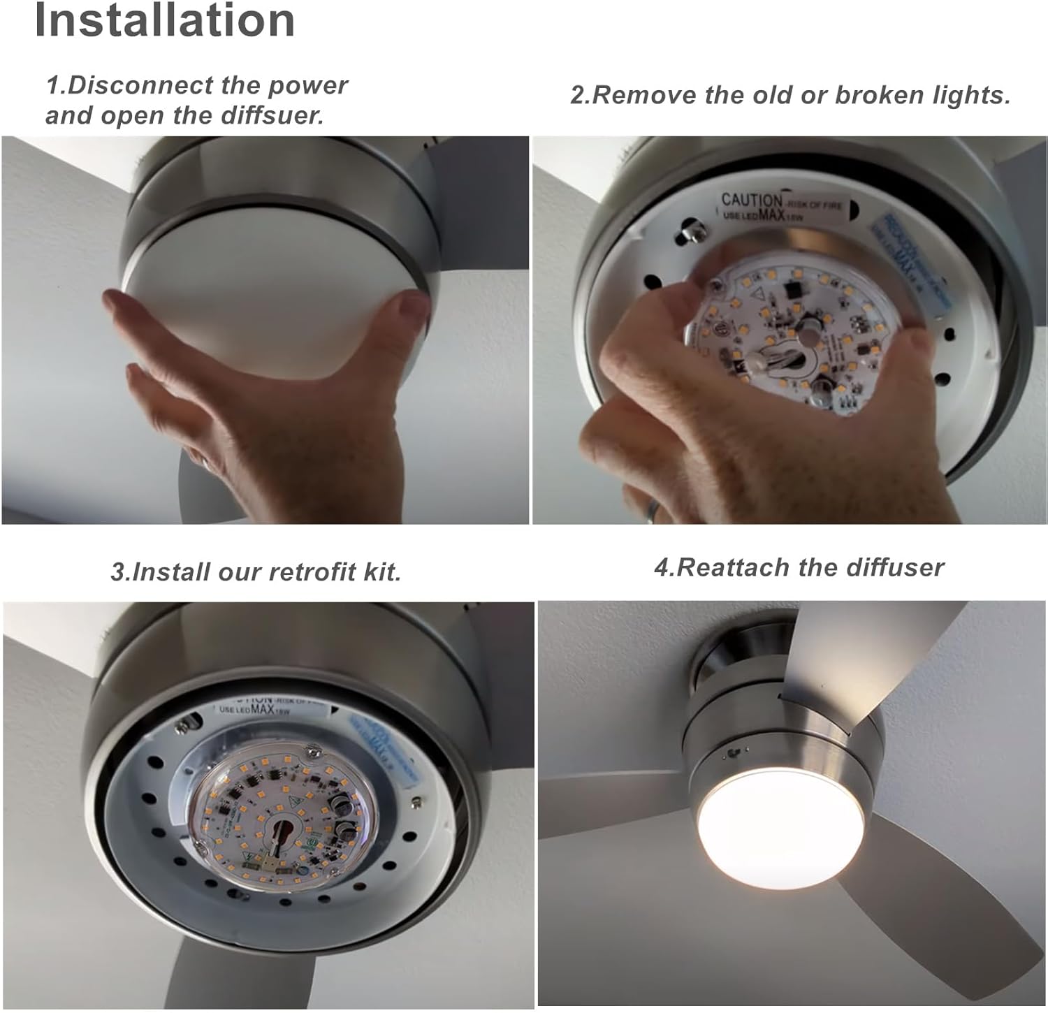 SATZOL 4“ 18W Color Changeable Ceiling Fan LED Light Replacement, 3000K/4000K/5000K Selectable Ceiling Fan LED Light Kit, 2200LM Dimmable LED Retrofit Kit for Ceiling Fans, ETL Listed
