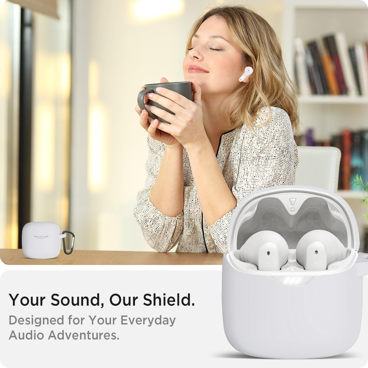 Miimall Case Cover Compatible with JBL Tune Flex Protective Carrying Case Anti-Scratch, Shock-Resistant, Dustproof, Silicone Protective Case Cover for JBL Tune Flex with Carabiner Case Cover(White) - Image 3