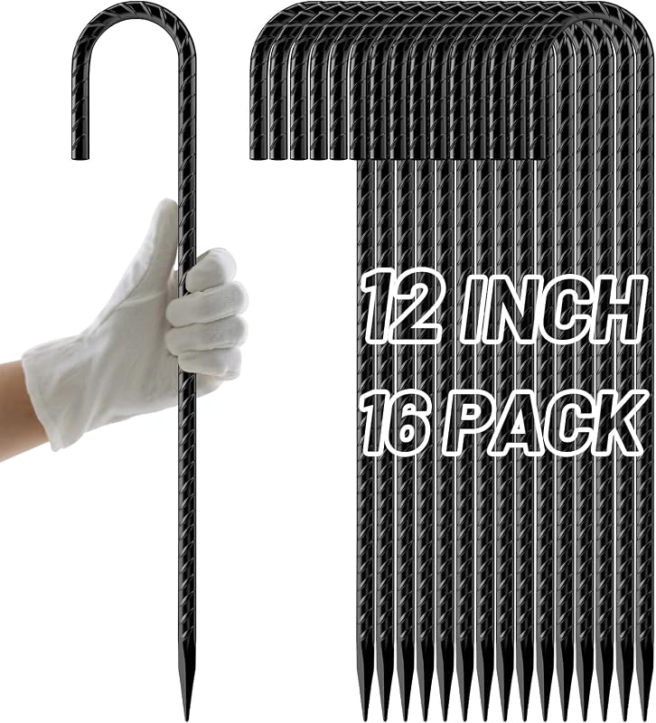 Estacas de barra de refuerzo con gancho en J de 12 pulgadas, estacas de tienda antioxidantes de primera calidad para dosel | Anclajes de suelo de metal con revestimiento negro resistentes al óxido para valla de cadena, jardín, decoraciones al aire libre, lonas, paquete de 16