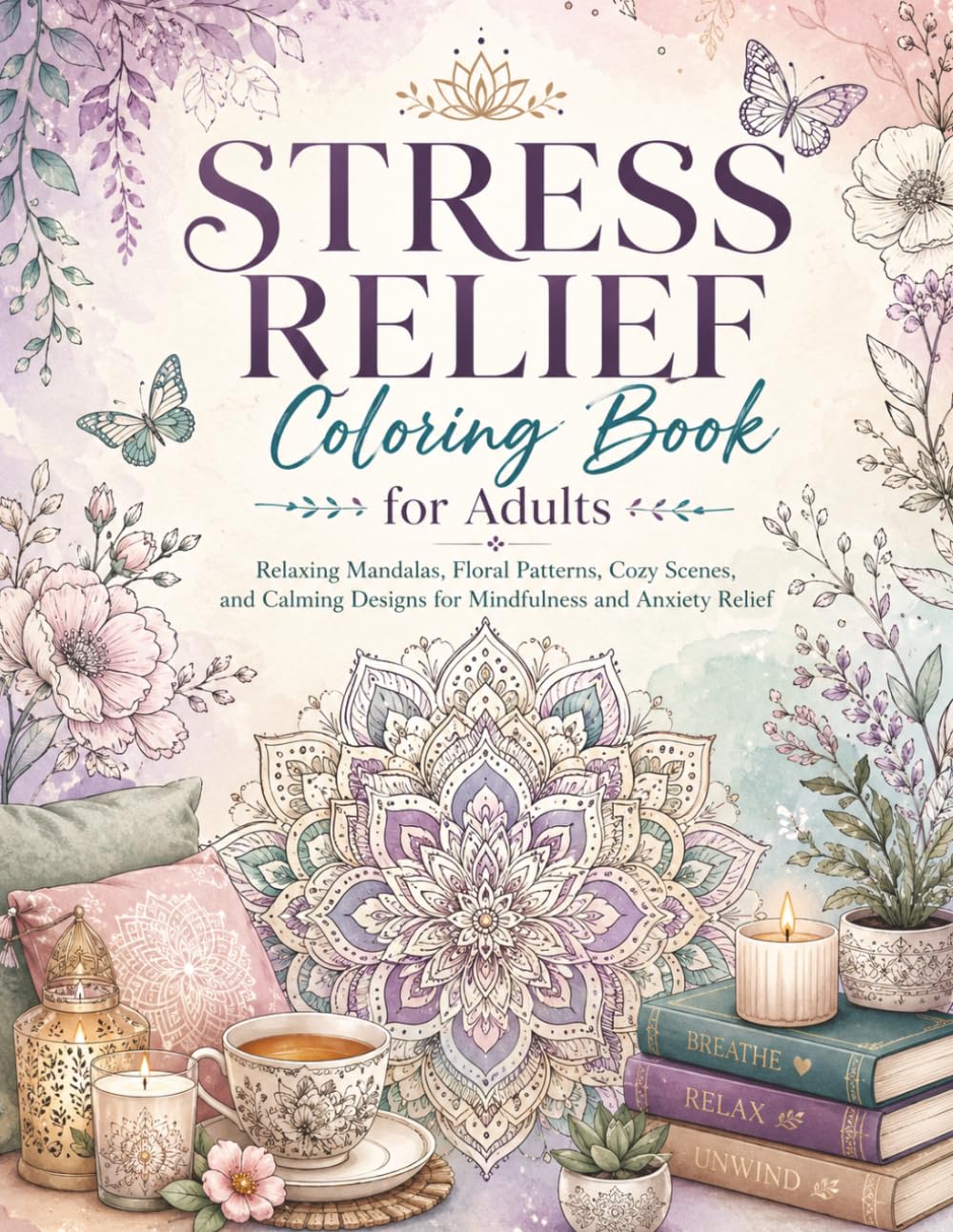 Stress Relief Coloring Book for Adults: Relaxing Mandalas, Floral Patterns, Cozy Scenes, and Calming Designs for Mindfulness and Anxiety Relief