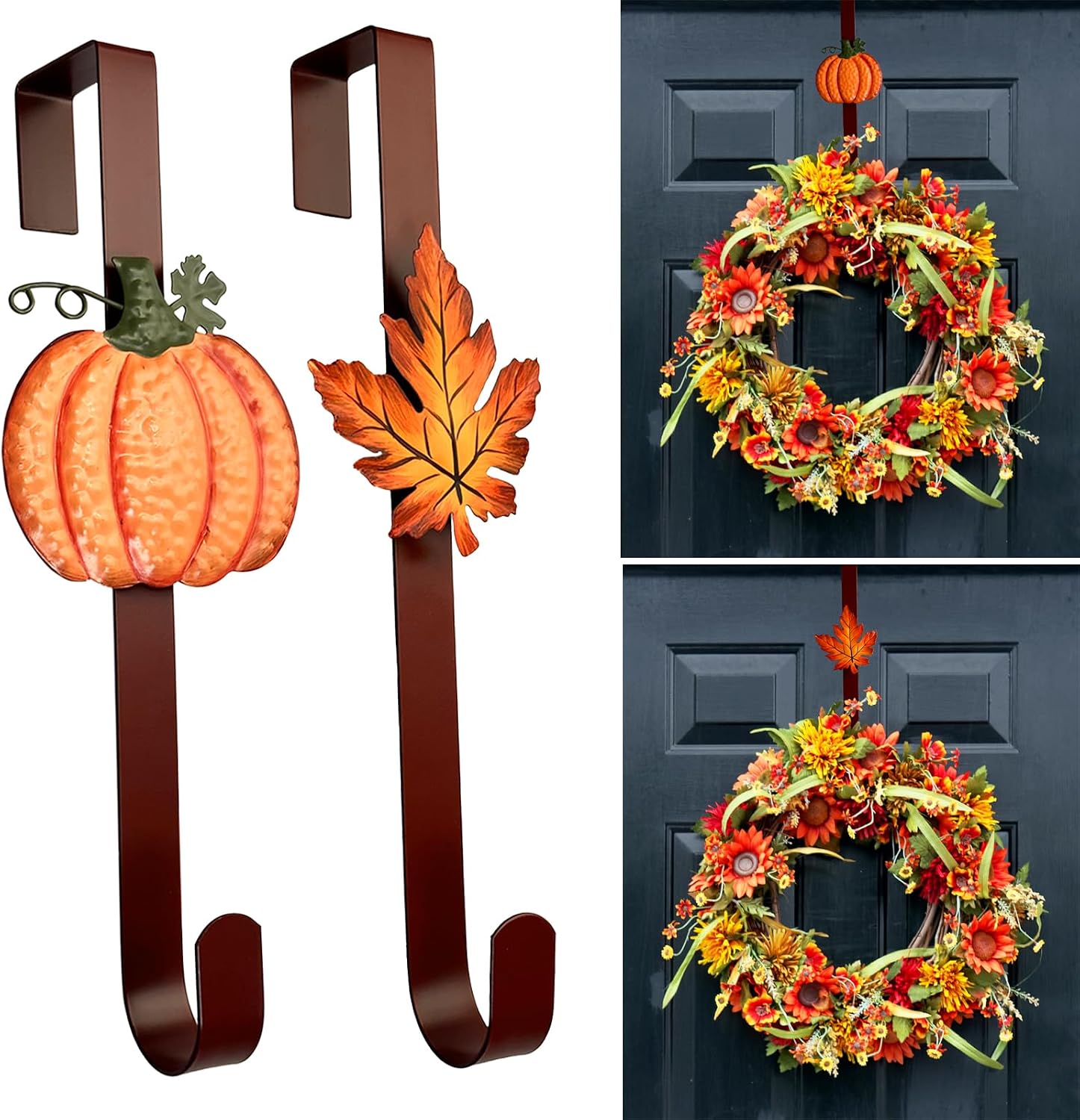 2 Pack Metal Fall Wreath Hanger, Pumpkin&Maple Leaves ，Burgundy