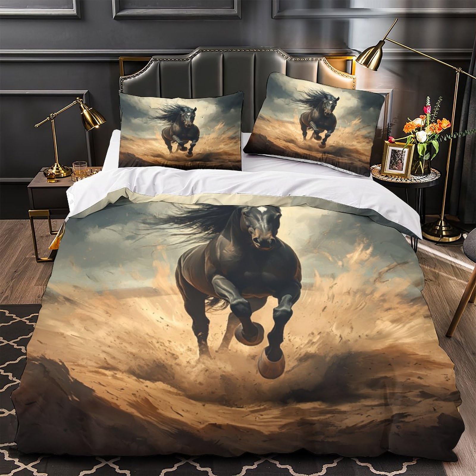Drap de couette cheval imprimé 3D avec 2 taies d'oreiller éclair microfibre respirant 200x200