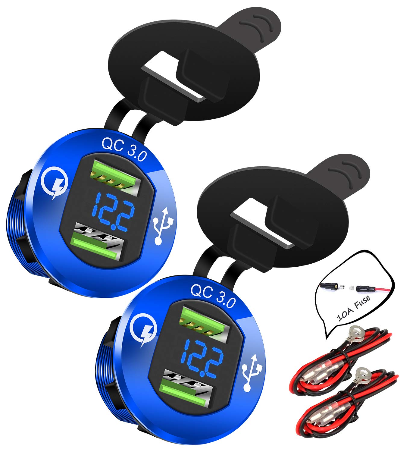 DAIERTEK 2pcs Car 12V USB Charger Socket 2 Port QC 3.0 with Blue LED Voltmeter Waterproof Cover & 10A Fuse Wires for Automotive RV RZR ATV Bus Truck Marine Boat