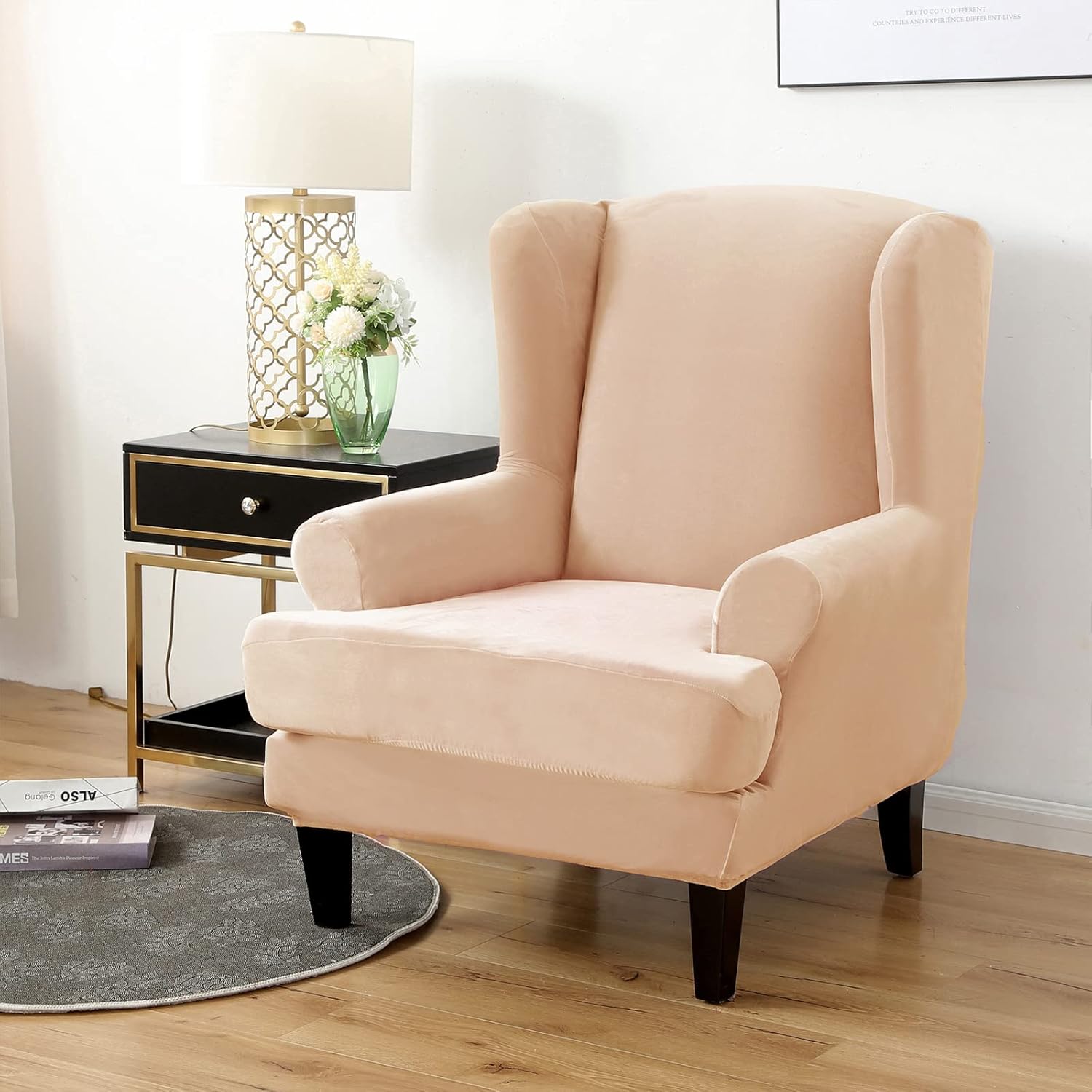 MIFXIN Wingback Chair Slipcovers 2-Piece Velvet Stretch Fabric Wing Chair Cover with Cushion Cover Armchair Sofa Furniture Protector with Elastic Bottom for Living Room Home Decor (Beige)