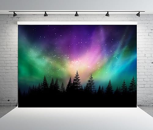 Miniatura 2 de BELECO Telón de fondo colorido de 7 x 5 pies con luces del norte, bosque canadiense, aurora, boreal, cielo nocturno, pinos, bosque, luces polares,