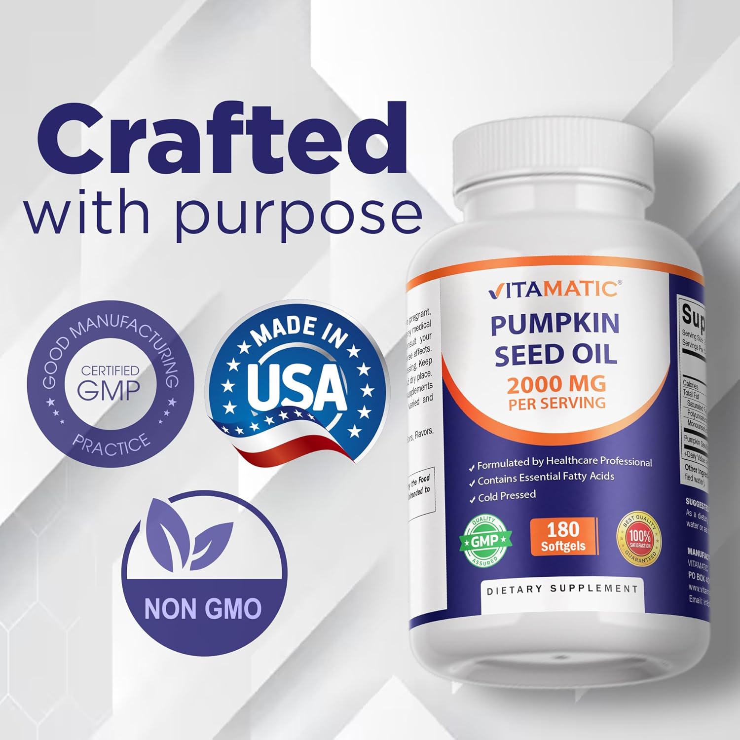 Vitamatic Pumpkin Seed Oil 2000mg – 180 Softgels (Pack of 2-360 Count)