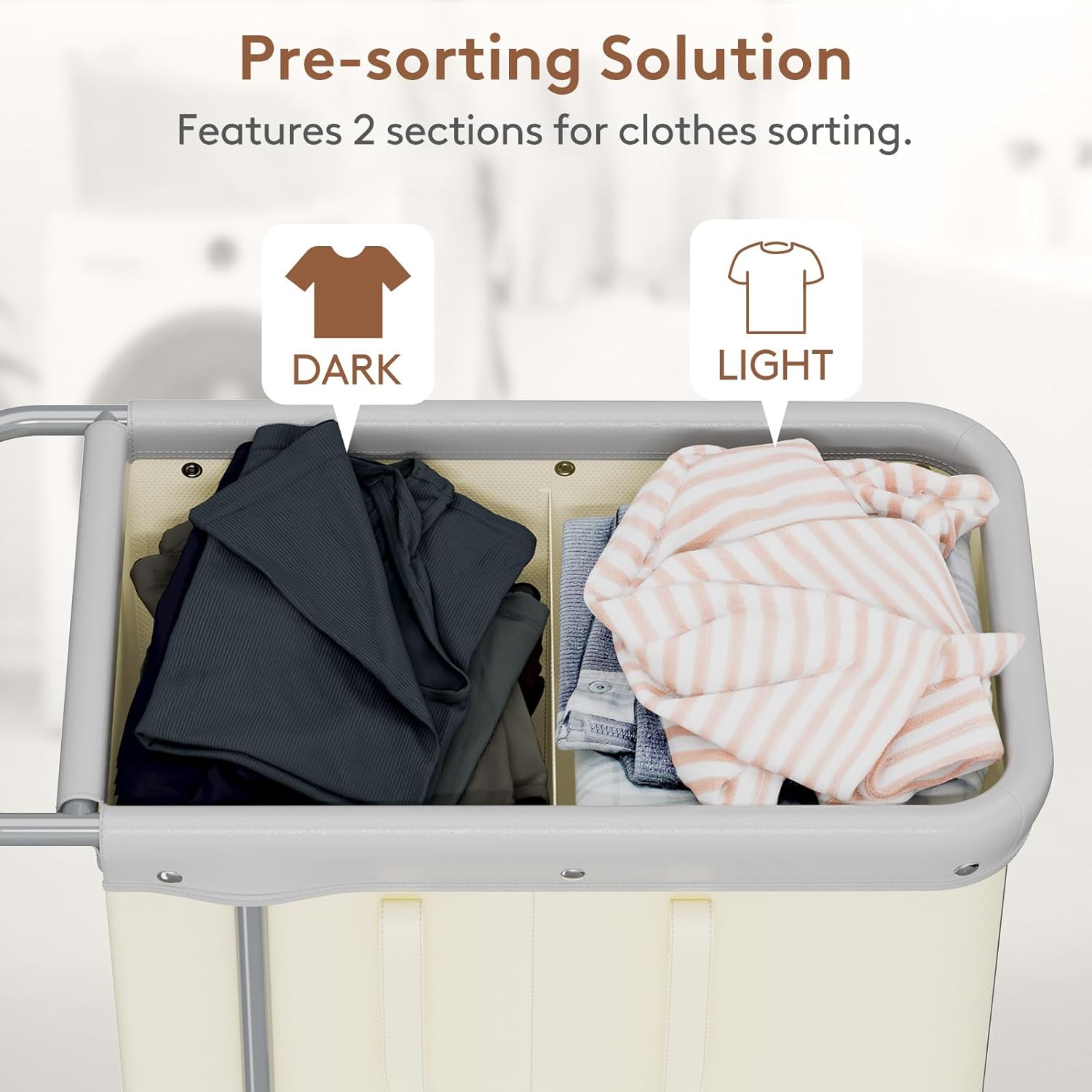 Lifewit 150L Large Laundry Basket with Wheels, Tall 2 Section Laundry Hamper Organizer, Rolling Laundry Cart with Steel Frame & Removable Bag for Luandry Room Bathroom Bedroom, White