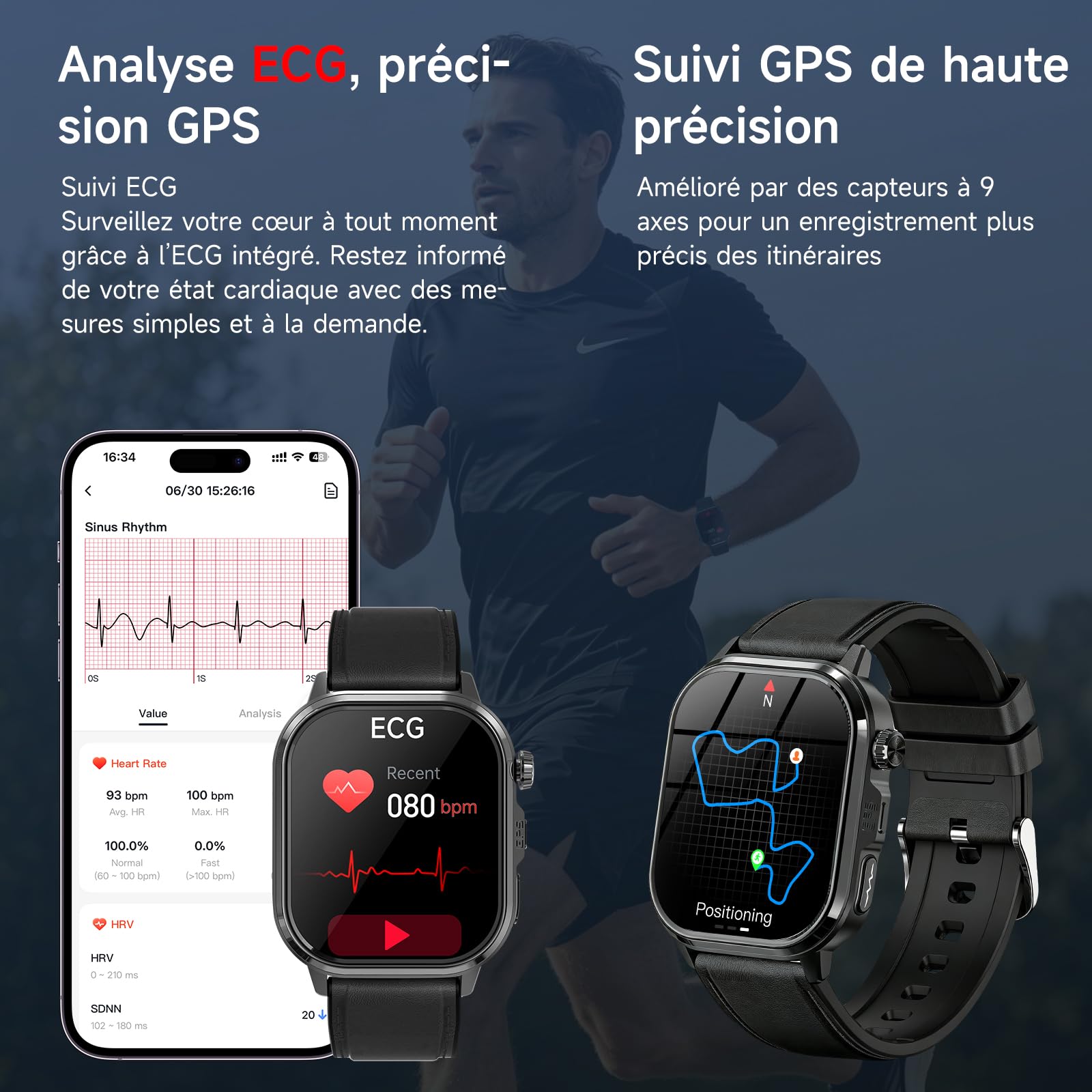 GPS Montre Connectée Homme ave AI-GPT/ECG/VFC/Pressιon artérιelle/IMC