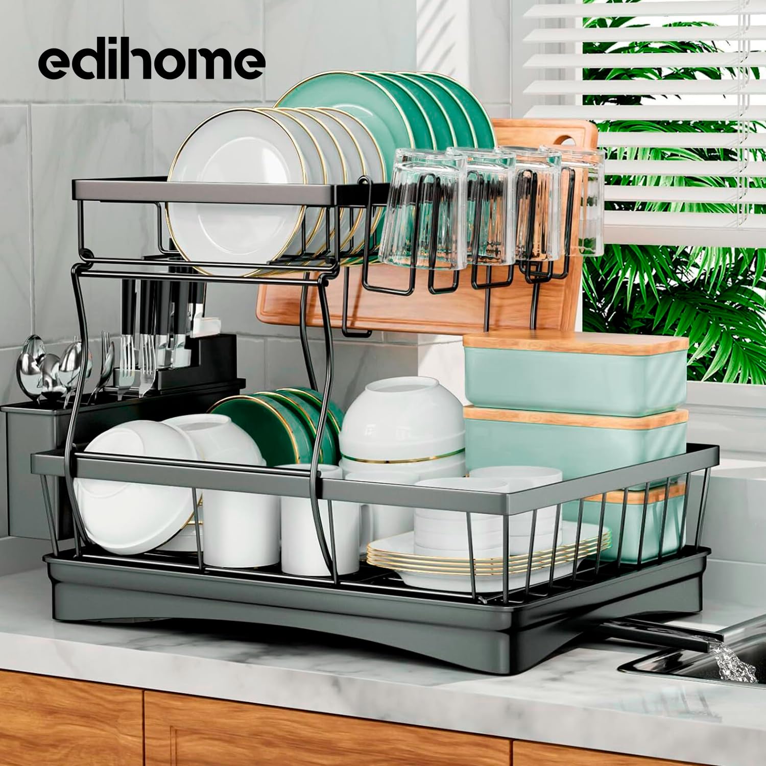 edihome, Egouttoir Vaisselle, Egoutoire Vaisselle Cuisine Double, sur Evier, Noir, INOX, Égouttoir Couvert, Dish Rack, Drying Rack, Buse Rotative 360° (2 Niveaux)