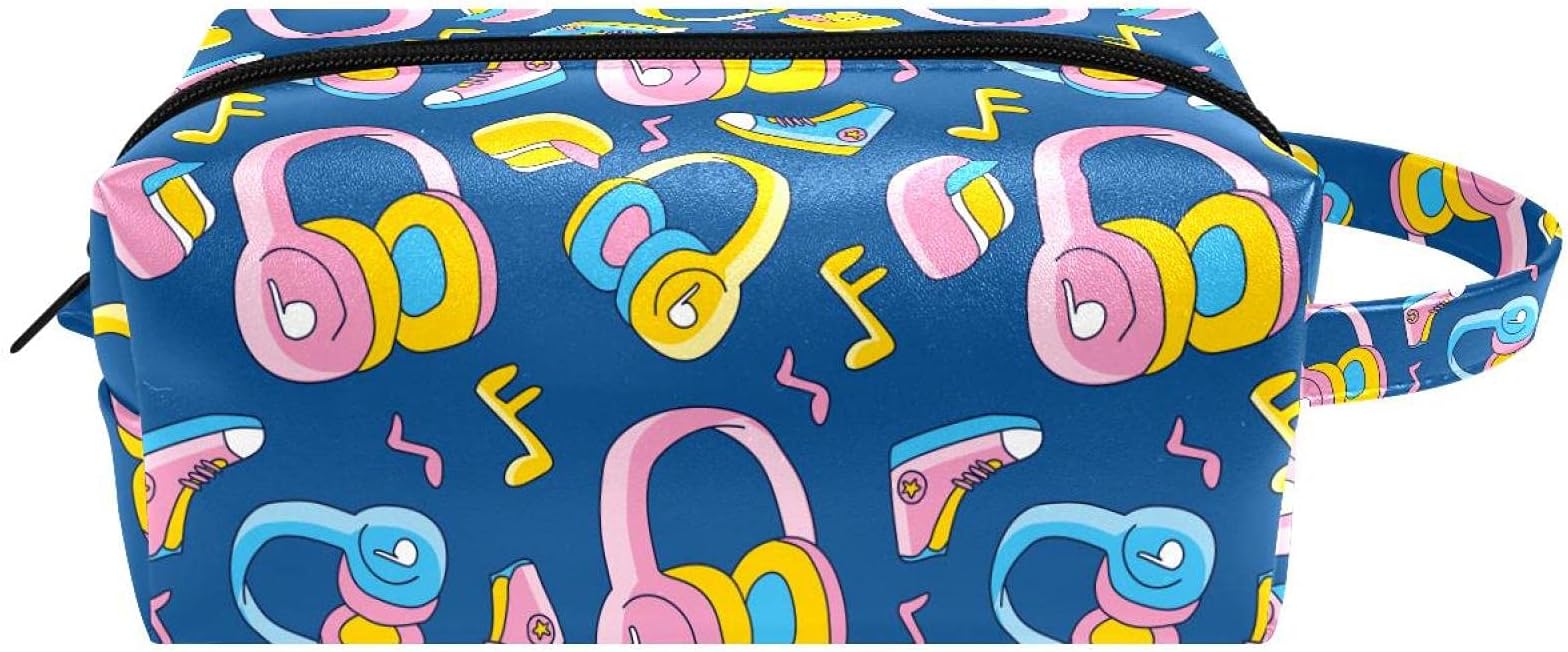 LEVEISCute Cartoon Funky Head Phone Music Shoes Waterproof Leather Travel Cosmetic Handy Pouch Zipper Toiletry Bags for Women Girl Best Gifts