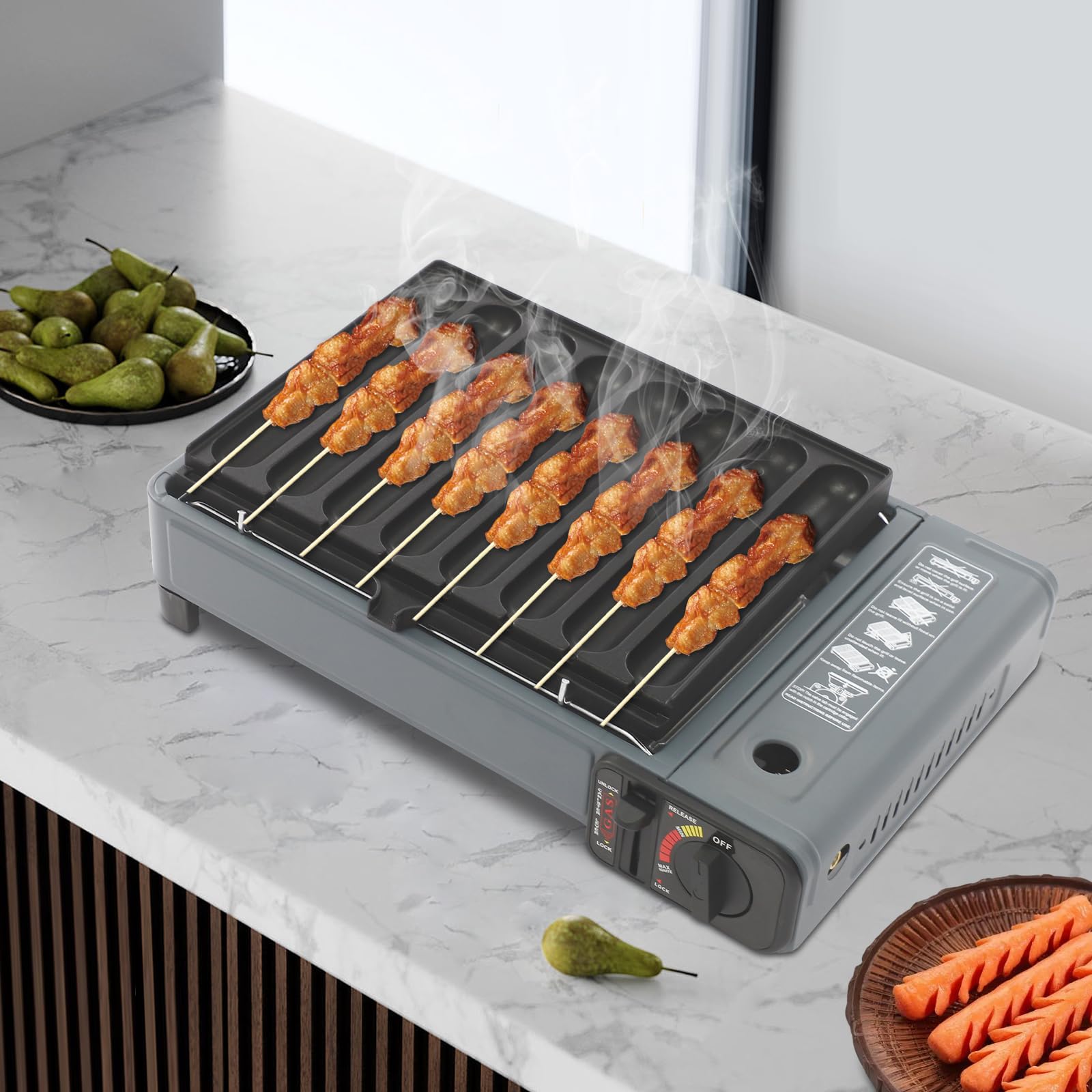 Hornillo de butano portátil para camping con encendido piezoeléctrico y bolsa de transporte, 2200 W, con seguridad contra sobrepresión, para exteriores, picnic, jardín y autocaravana
