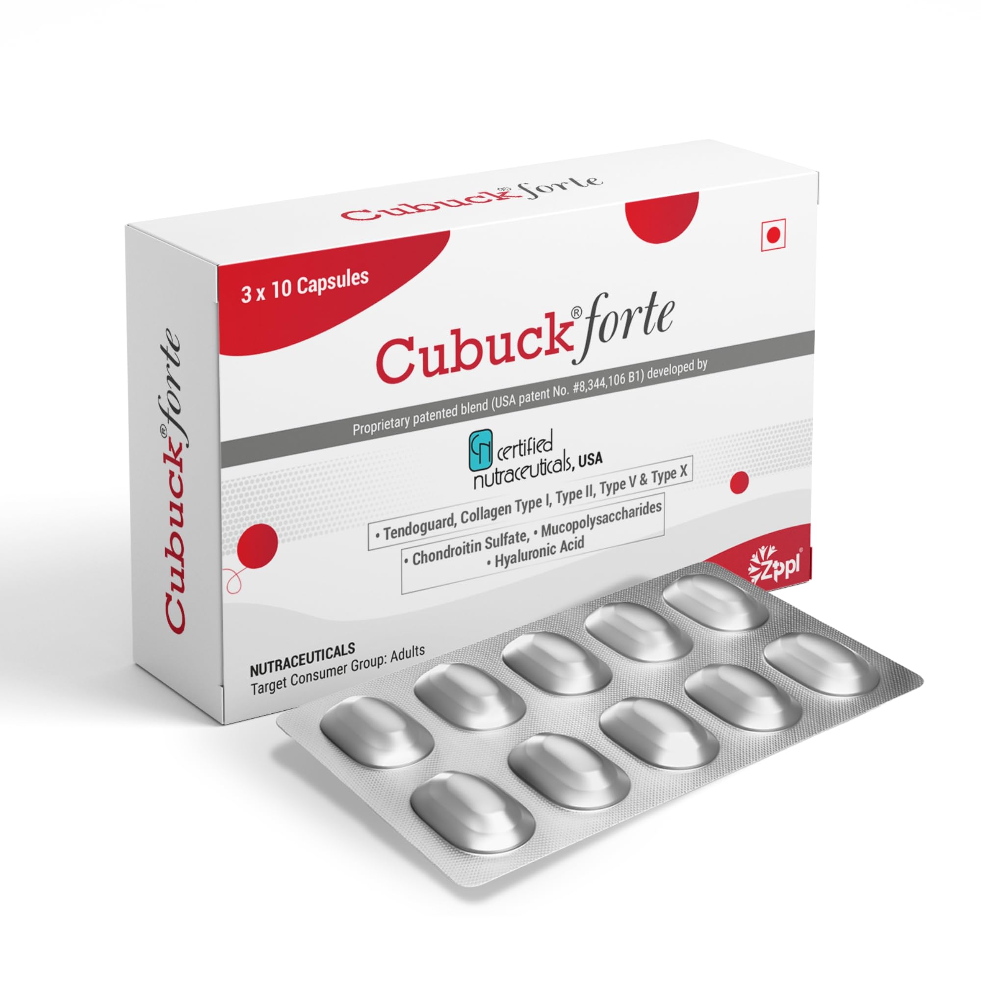 Cubuck Forte — Tendoguard® ( Patented Blend 0f egg shell membrane and avian sternum ) | Hyaluronic Acid 75 mg • Chondroitin 100 mg • Collagen complex - Types I, II, V & X | Nutraceutical for Adult Joint, Tendon & Skin health | 3×10 Capsules-image-48
