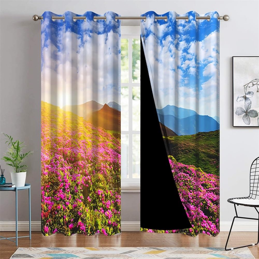 DORCEV Spring Landscape Window Curtains for Bedroom Living Room Spring Floral Flowers Field on Mountain Blue Sky Sunrise Window Drapes with Grommet