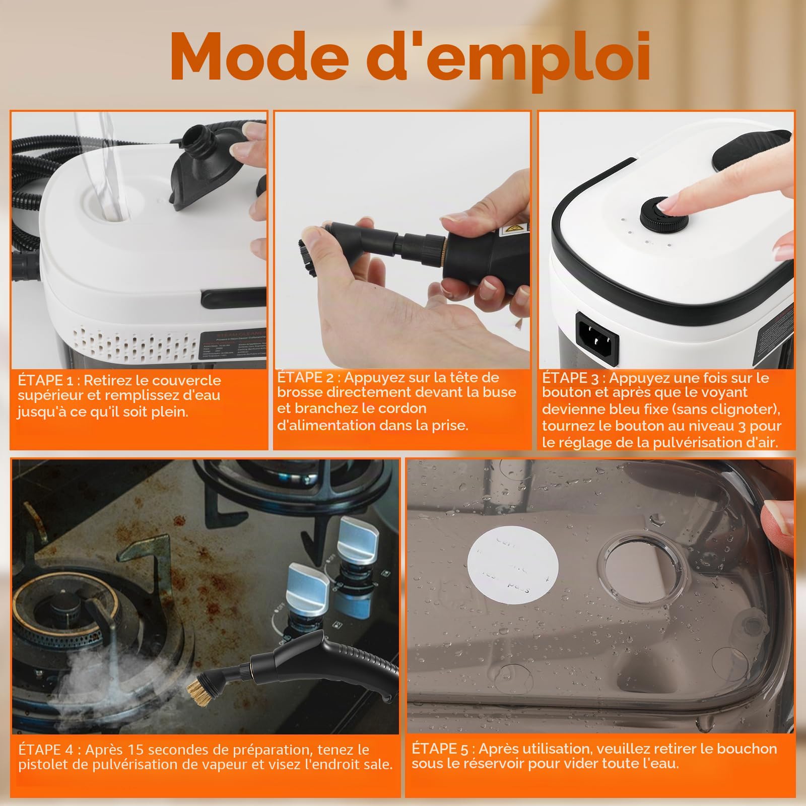 Nettoyeur à vapeur manuel, nettoyeur à vapeur de 2500W avec réservoir d'eau de 1,4 L, 3 niveaux de vapeur et 12 accessoires, nettoyeur vapeur haute température polyvalent pour le sol, la cuisine, les