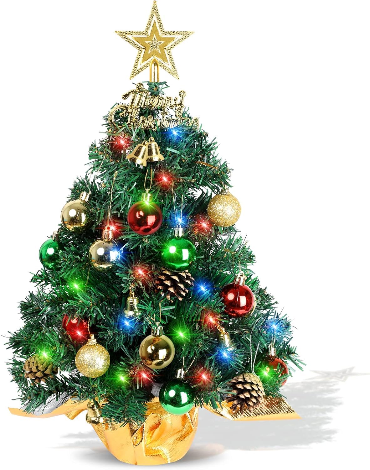 DSGUO Christmas Tree 24 Inch Mini Artificial Christmas Tree with 30 LED String Lights, Star Tree, Tabletop Small Xmas Tree for Holiday Indoor DIY Christmas Decor(Battery Not Included)