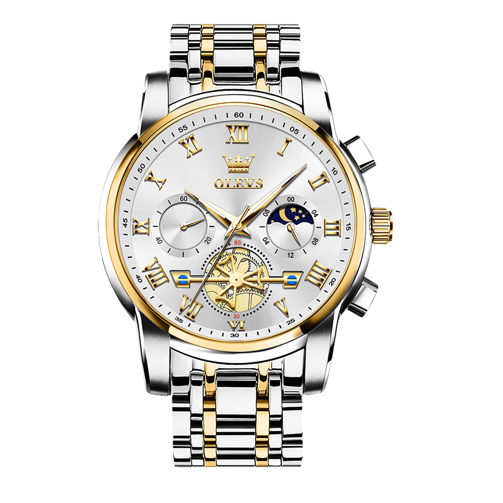 OLEVS Men's Chronograph Watch, Gold Silver Tone Stainless Steel Analog Quartz Watch, Multi-Function Waterproof Date Diamond Roman Numerals Dial Dress Watch for Men