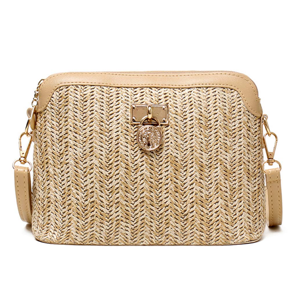 Bogeel Women's Khaki Fashion Handbag Shoulder Bag Straw Woven Crossbody