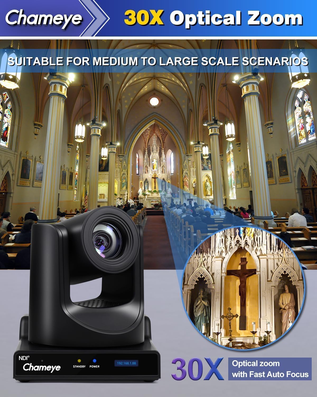 Chameye Telecamera PTZ NDI Kit, 30x Zoom ottico, AI Tracciamento, 3G-SDI HDMI USB3.0, 2 Telecamere NDI PTZ 30x + Controller per eventi educativi di culto in chiesa, C730Nx2+E300 - K230N
