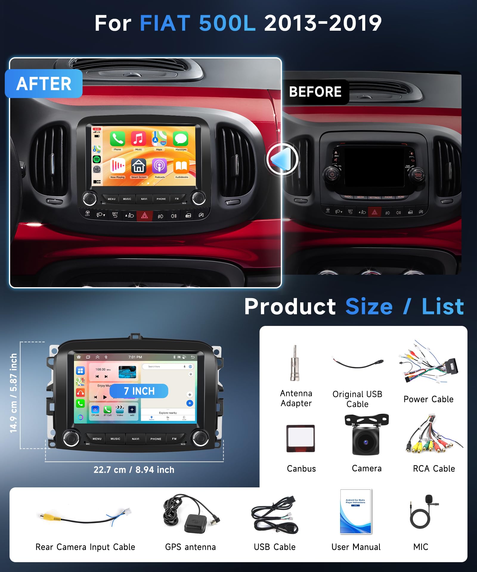Rimoody 8 Core 6G+128G Autoradio Android per FIAT 500L 2013-2019, 7 Pollici Stereo FIAT 500L con Wireless Carplay Android Auto Mirror Link Bluetooth FM/RDS/DSP/SWC WiFi GPS Retrocamera