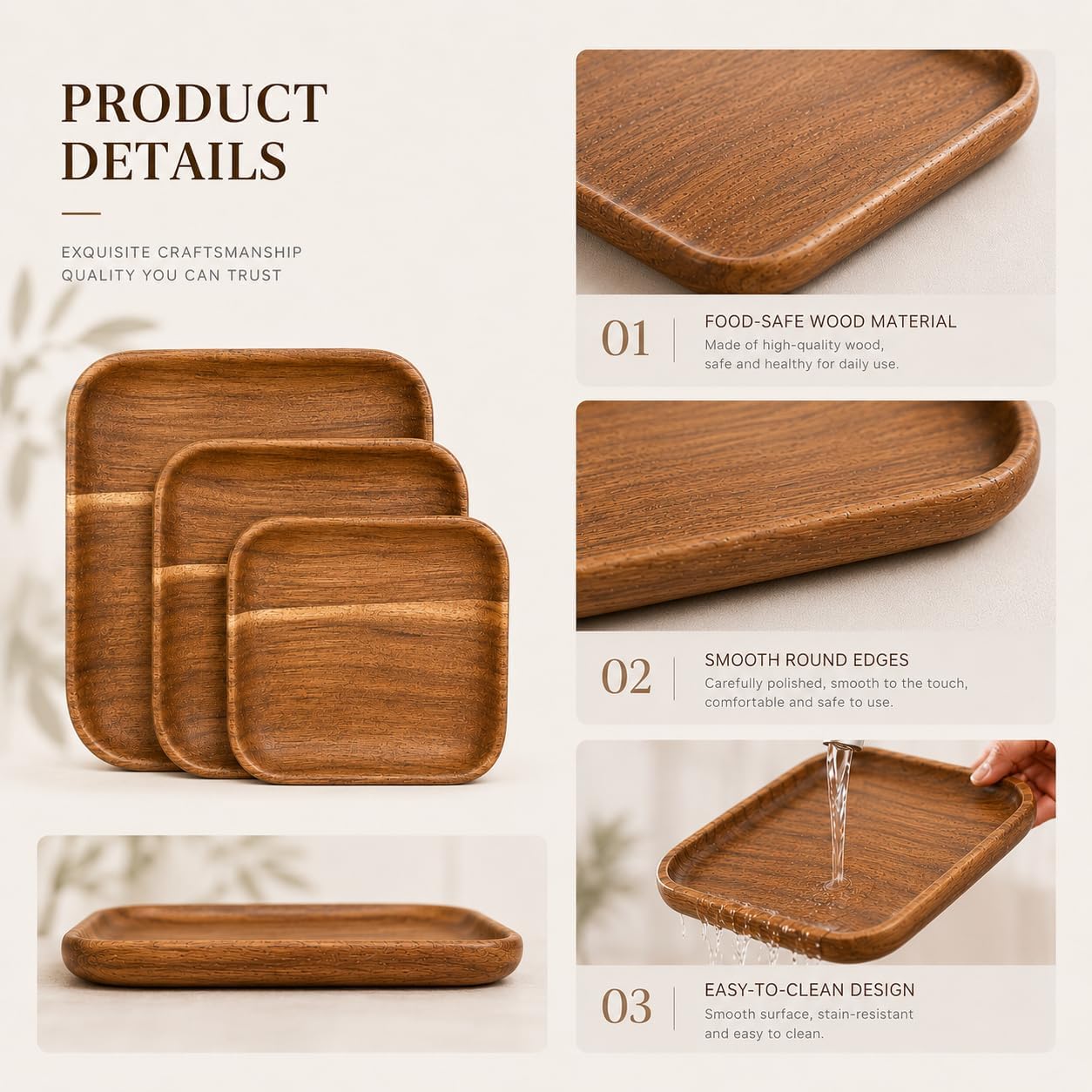 Acacia Wooden Plates Set of 3, 6/8/10 Inch Square Serving Platters for Charcuterie, Appetizers, Acacia Wood Plates, Stackable Dinnerware Trays for Kitchen, Party & Entertaining (Square Tray)